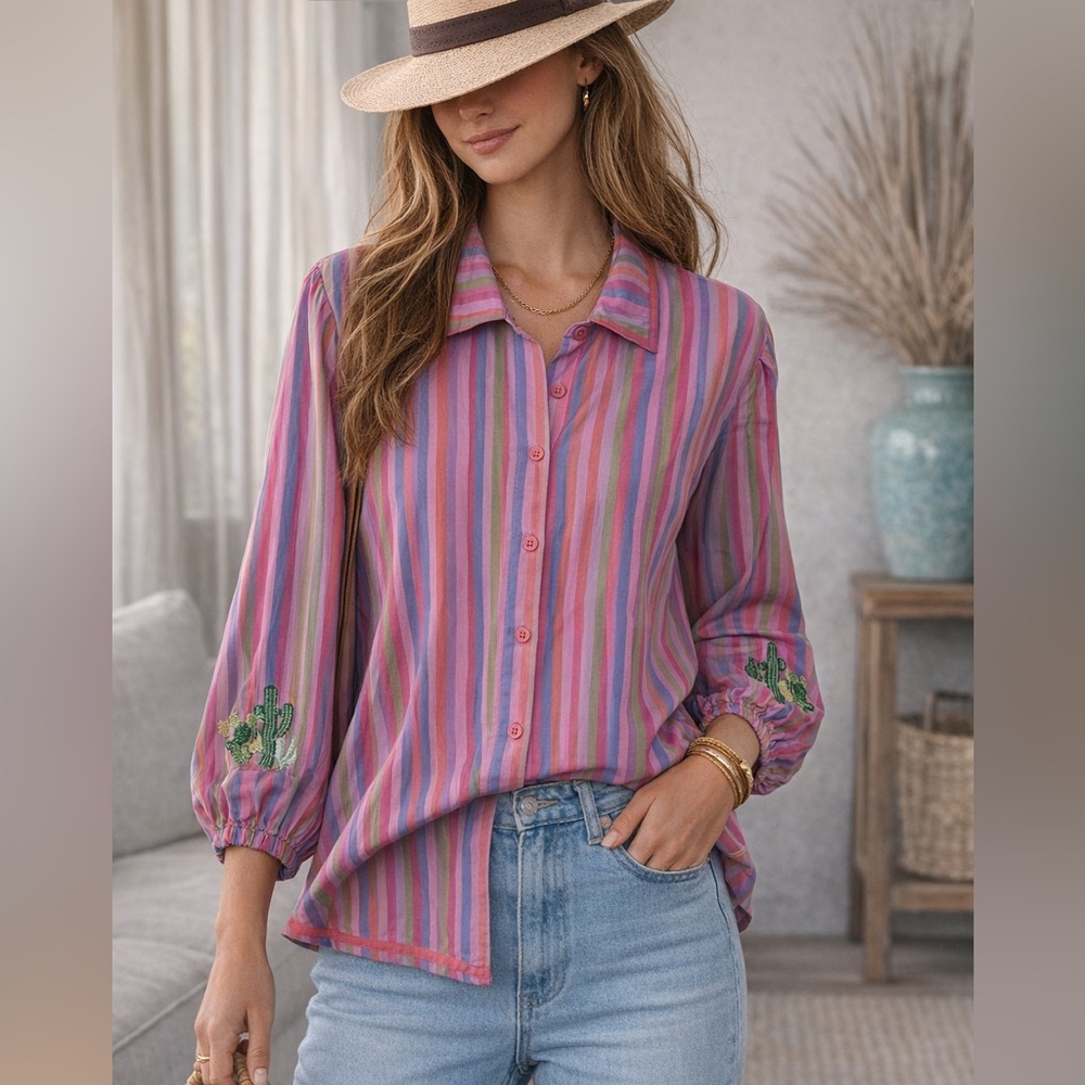 Cactus Embroidered Striped Button Down Top Size S EUC | Colorful Western Boho
